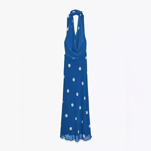 Zara Blue Polka Dot Halter Dress scarf open back maxi long evening party  wedding